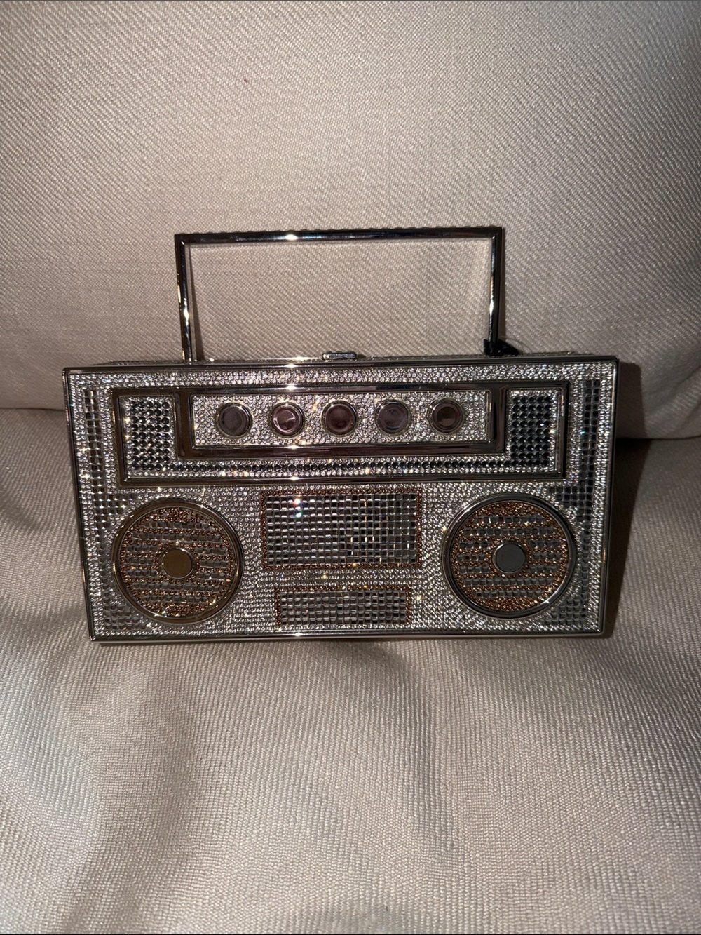 Silver Crystal-Embellished Portable Boombox Clutch
